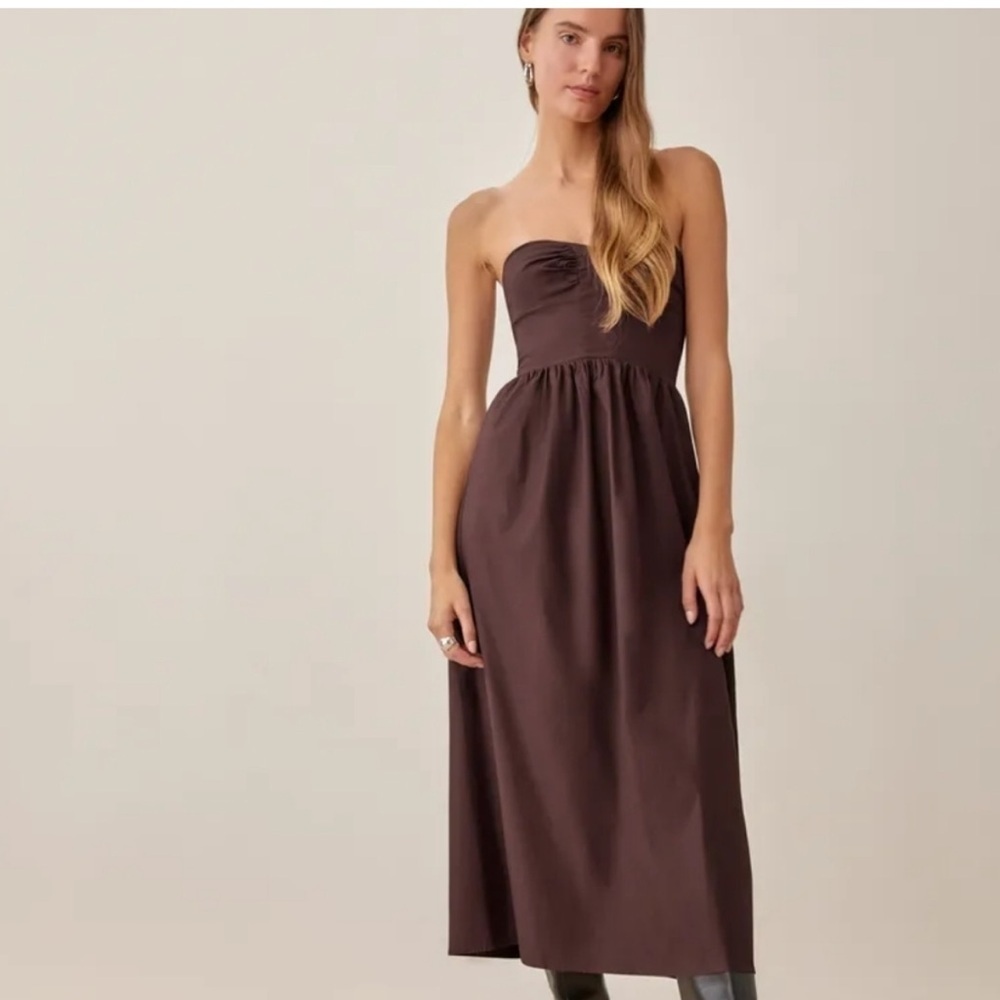 Nwot Reformation Buckley Cafe Brown Strapless Lace Up Back Midi Dress Size 2